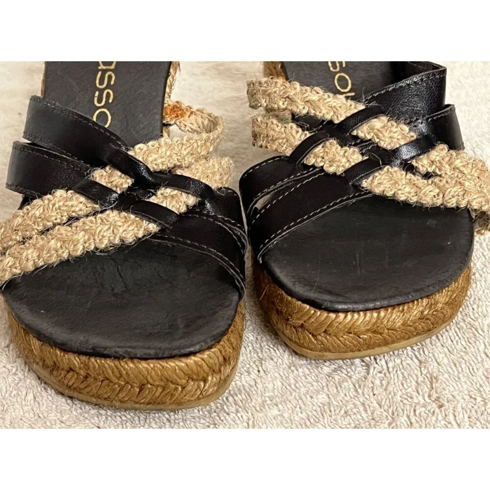 André Assous Women's Espadrille Wedge Sandals Size 7 Black & Natural Leather